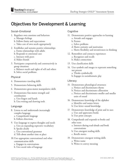 Interacts with peers 3. . Gold teaching strategies objectives pdf